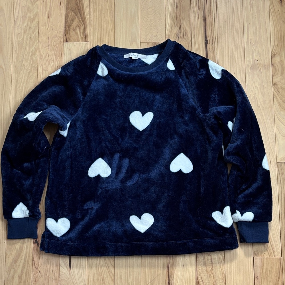 LOFT Navy Blue Fleece Sweater with White hearts